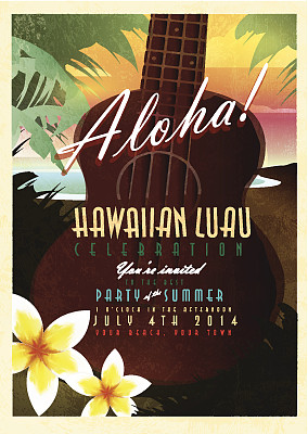 夏威夷夏威夷宴会邀请设计模板与抽象的尤克里里图片下载