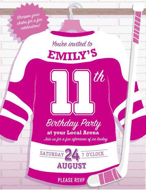 女孩生日派对曲棍球球衣主题邀请设计图片下载
