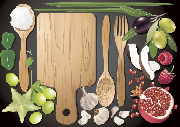 矢量木砧板与原料，蔬菜和水果图片下载