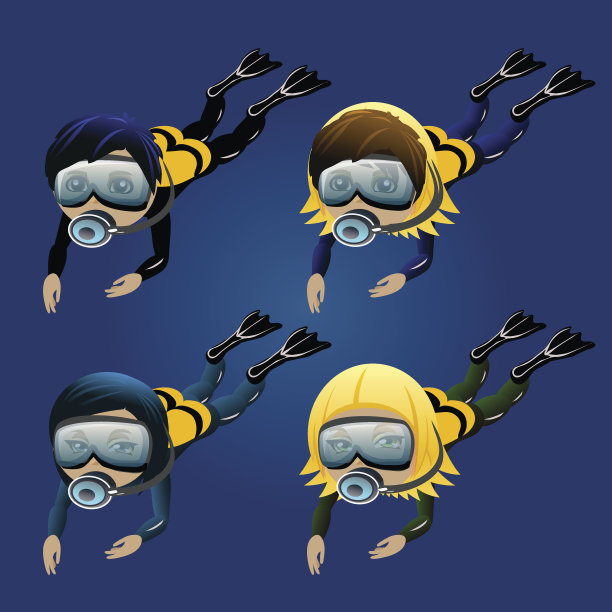 蓝色背景下的四名男女潜水员图片下载