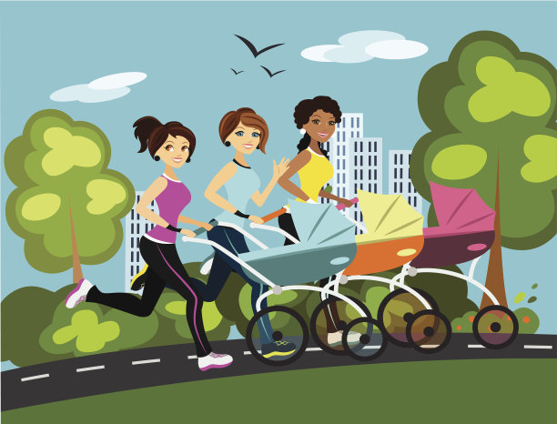 多文化的母亲用婴儿车跑步图片下载