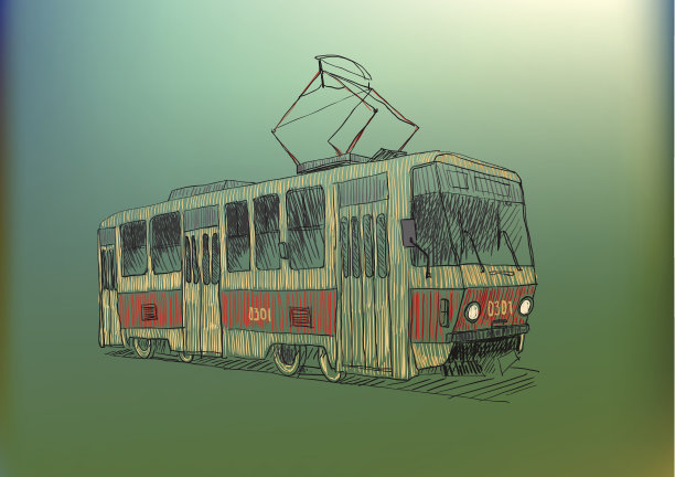 旧红黄有轨电车的透视素描图片下载