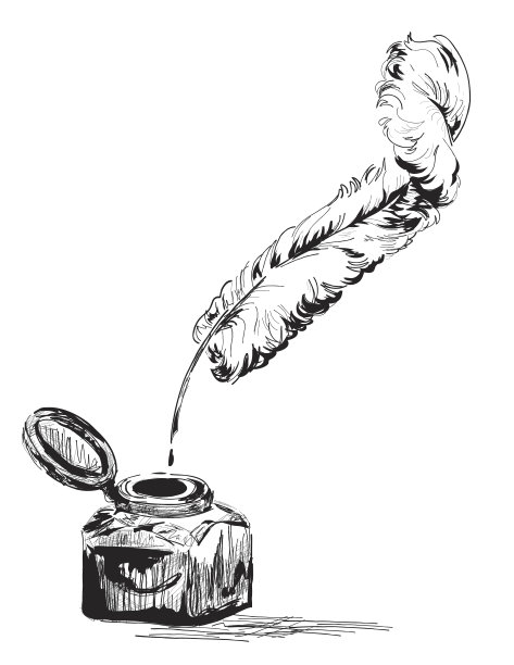手绘素描墨水瓶和羽毛鹅毛笔图片下载
