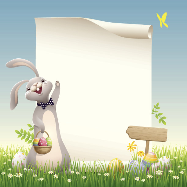 在绿草地上拿着纸卷的复活节兔子图片下载