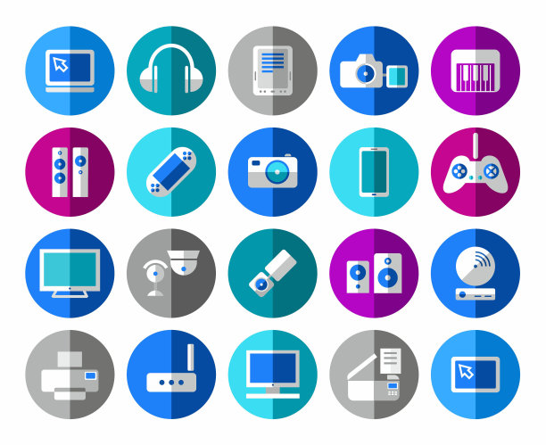 媒体、视频、音频、游戏、图标、彩色、平面。图片下载