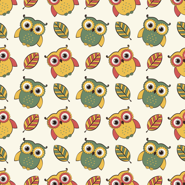 背景猫头鹰和树叶。向量无缝模式。图片下载