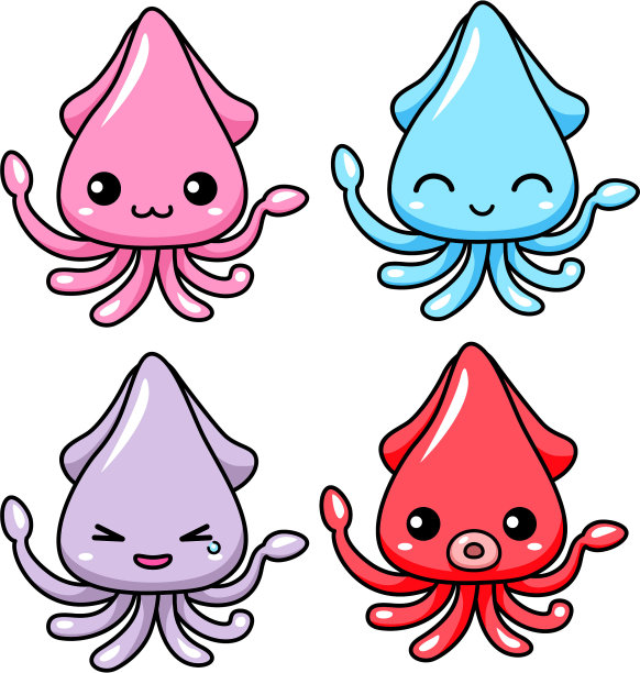 鱿鱼和章鱼可爱的卡通图片下载