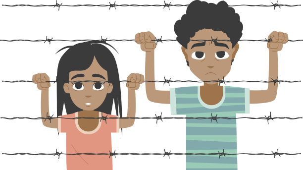 铁丝网后面的难民男孩和女孩图片下载