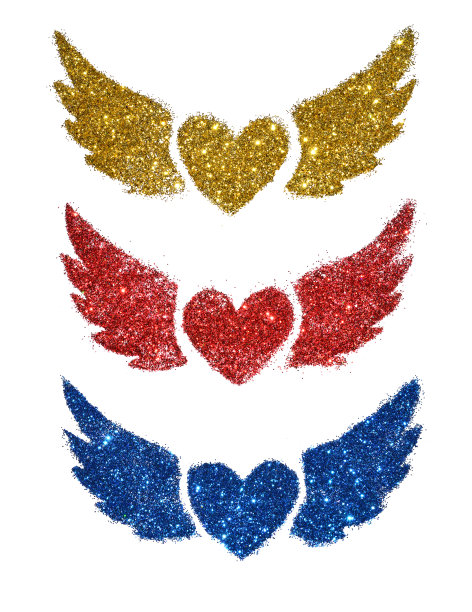 一组三个抽象的心与翅膀闪闪发光的白色图片下载