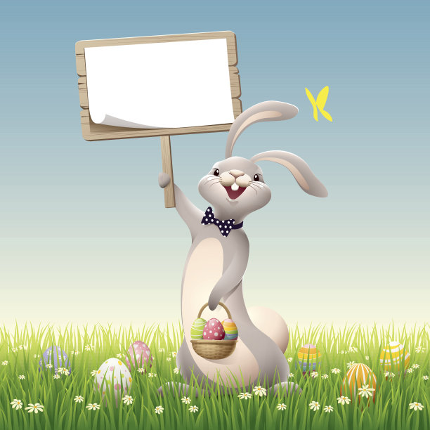 复活节兔子举着绿色草地上的空白标志素材图片