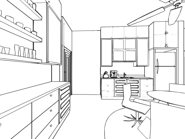 房子的轮廓草图和室内透视图图片下载