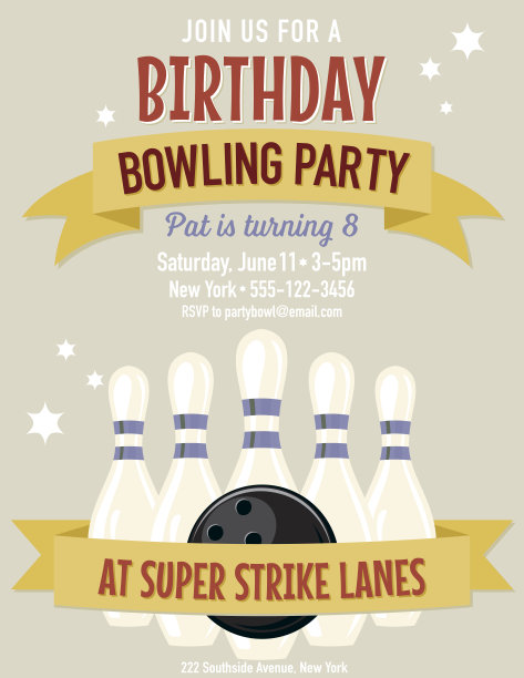 复古风格保龄球生日派对邀请模板图片下载