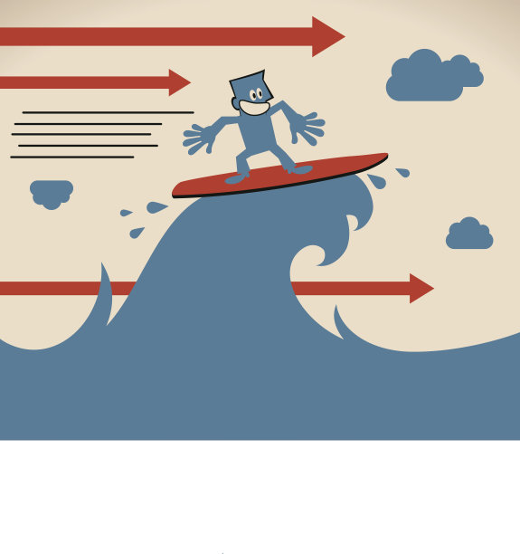 微笑的商人，带着喜悦和信心在海浪上冲浪图片下载