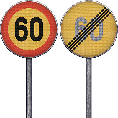 两个黄色和红色最高限速60个路标图片下载