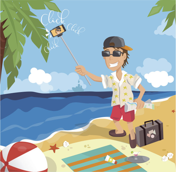 一个男人在海滩上自拍图片下载