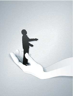 卡片商人站在一只巨大的纸手上图片下载