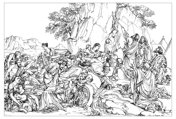 摩西在何烈山击打岩石的古董插图图片下载