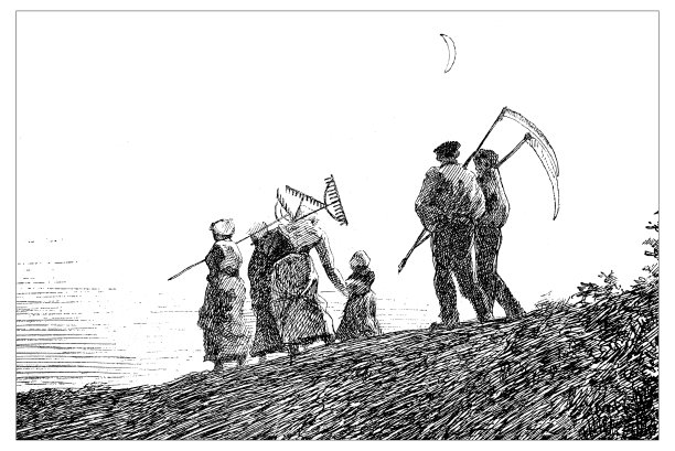 农民拿着工具走向城市的古董插图图片下载