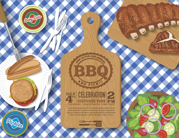 方格桌布与野餐Flatlay邀请模板图片下载