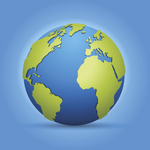 世界与绿色的国家地图在蓝色的天空背景图片下载