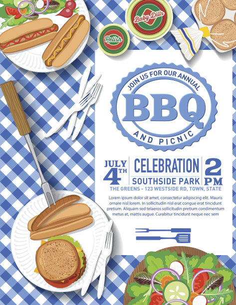 方格桌布与野餐Flatlay邀请模板图片下载
