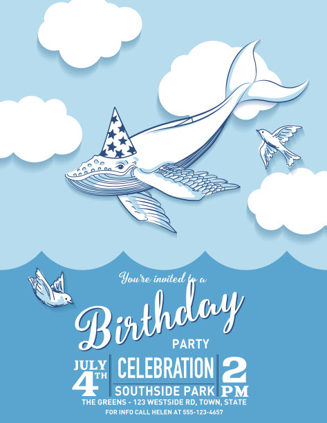 可爱的卡通飞鲸生日帽派对邀请图片下载