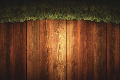 空白木制背景与圣诞花环-水平图片下载