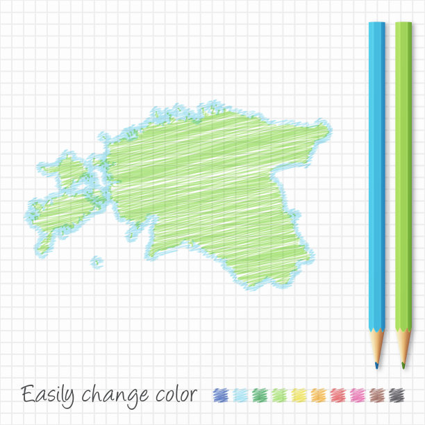 爱沙尼亚地图素描用彩色铅笔，在格子纸上图片下载