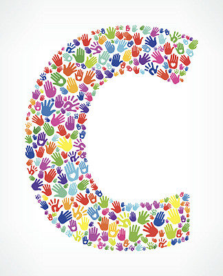 字母C在白色背景上由双手组成图片下载