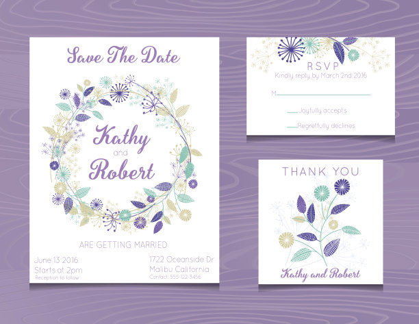 婚礼邀请模板与鲜花在木材背景图片下载