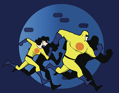 超级英雄情侣在探照灯里跑步图片下载