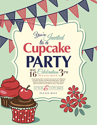 纸杯蛋糕派对邀请模板在水垂直图片下载