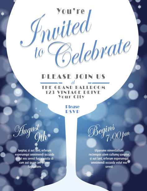 起泡酒品尝邀请模板设计蓝色背景图片下载