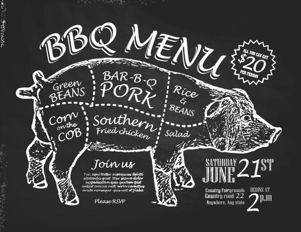 黑板式乡村猪肉烧烤邀请设计轮廓切图片下载