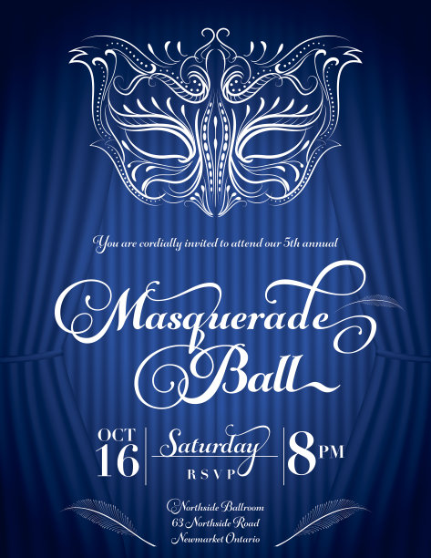 书法风格的假面舞会面具邀请蓝色图片下载
