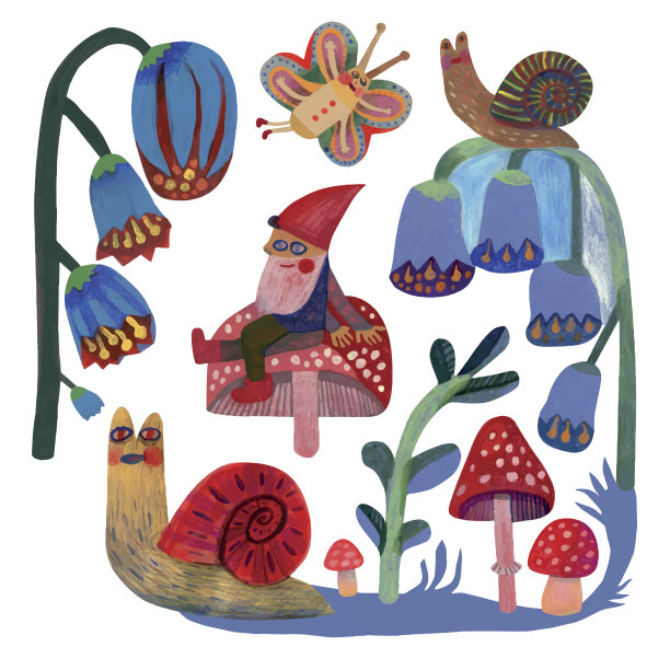 风信子，蜗牛，蘑菇，侏儒和蝴蝶图片下载