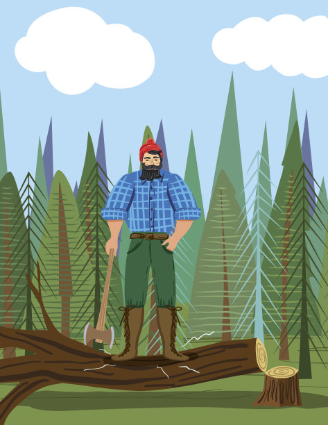 保罗·班扬风格的伐木工人在森林里拿着斧头图片下载