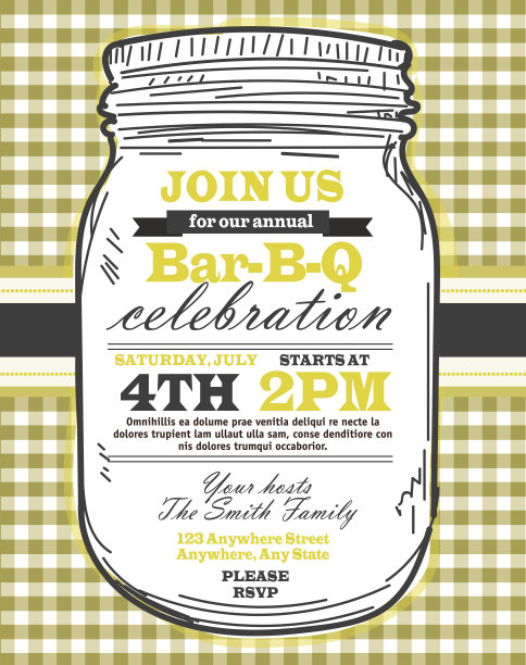 梅森瓶烧烤方格桌布野餐邀请图片下载