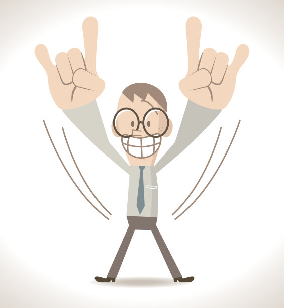 商人(瘦骨嶙峋的书呆子)展示着摇滚手势(重金属，摇滚)图片下载