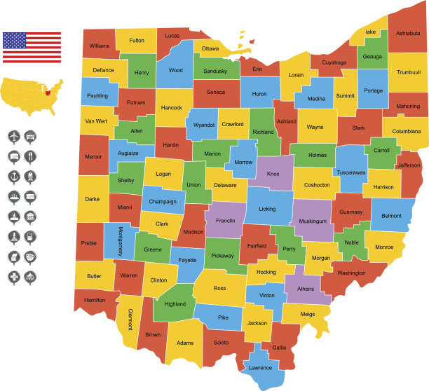 详细的俄亥俄州矢量地图图片下载