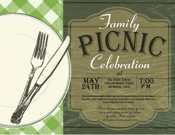 野餐邀请设计模板绿色格子桌布图片下载
