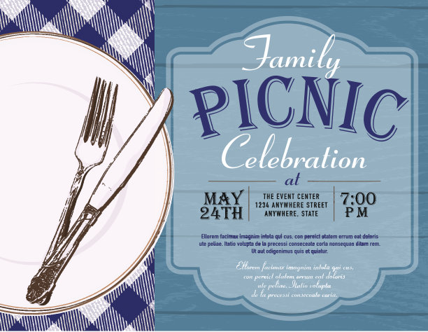 野餐邀请设计模板与紫色格子桌布图片下载