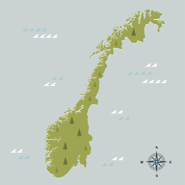 挪威绿色地图在蓝色背景与罗盘玫瑰图片下载