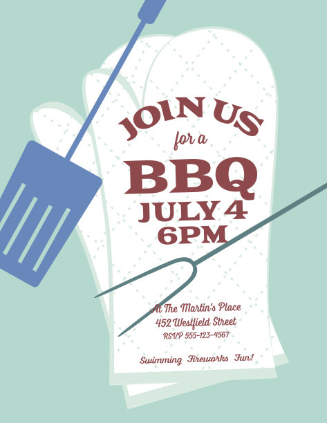 带烤箱手套、刮刀和叉子的烧烤邀请函图片下载