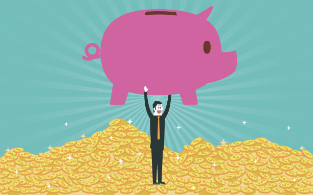 存钱罐和一堆金币图片下载