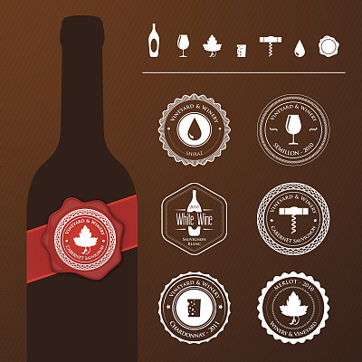 带有邮票和图标的酒瓶图片下载