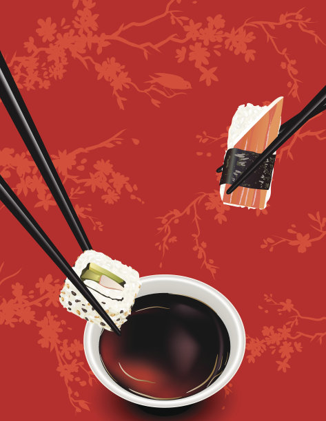 寿司模板或背景与樱花和酱油图片下载