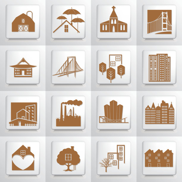 建筑和工程图标设置在方形按钮棕色图片下载