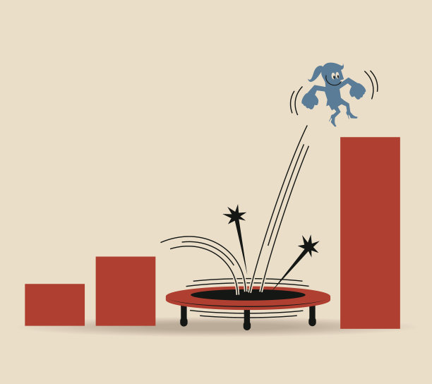 微笑自信的女商人在蹦床上跳跃统计数据图片下载