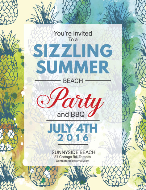 邀请水彩画和菠萝的夏季海滩派对图片下载